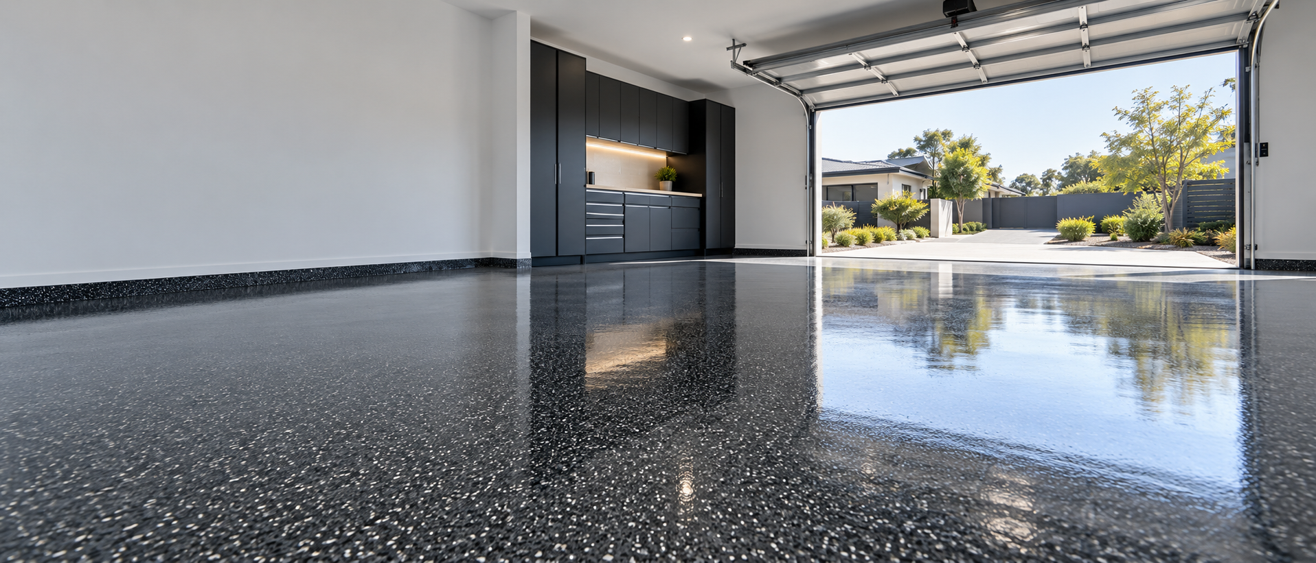 Freshly finished dark charcoal epoxy garage floor